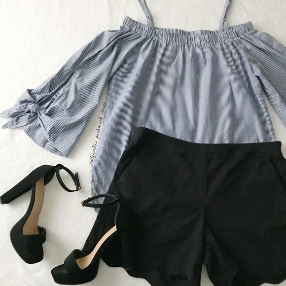 seven sisters Tops - Blue Pinstripe Billowy Off Shoulder Top